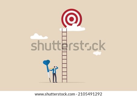 Dream big aim high, ambition and challenge to success in business, motivation to achieve big goal or target, career development concept, ambitious businessman hold dart aim high at target on the cloud