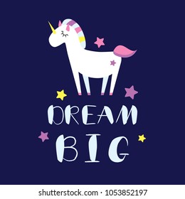 dream big card template with cute flat vector unicorn