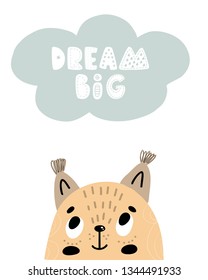 Dream big - Cute hand drawn nursery poster with cartoon character animal squerrel and lettering. In scandinavian style. Color vector illustration.