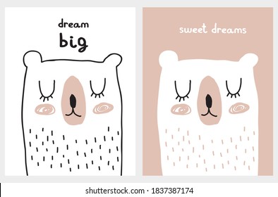 Träume groß. Cute Vektorgrafik mit dem großen weißen Bären. Babantile Stilkunst mit lustig handgezeichnetem Polar Bär einzeln auf weißem und braunem Hintergrund. Doodle Print für Kinder. Süße Träume.