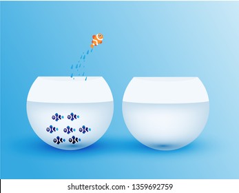 Dream big. Dare to be different. Think differently concept illustration, fish jumping outside the aquarium into bigger one. New idea, change, trend, courage, creative solution, innovation and unique.