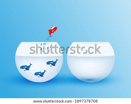 Dream big. Dare to be different. Think differently concept illustration, fish jumping outside the aquarium into bigger one. New idea, change, trend, courage, creative solution, innovation and unique.