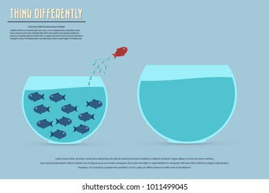 Dream Big. Dare To Be Different.Think Differently Concept Illustration, Fish Jumping Outside The Aquarium Into Biger One. New Idea, Change, Trend, Courage, Creative Solution, Innovation And Unique Way