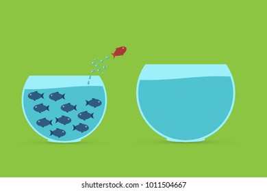 Dream Big. Dare To Be Different.Think Differently Concept Illustration, Fish Jumping Outside The Aquarium Into Biger One. New Idea, Change, Trend, Courage, Creative Solution, Innovation And Unique Way