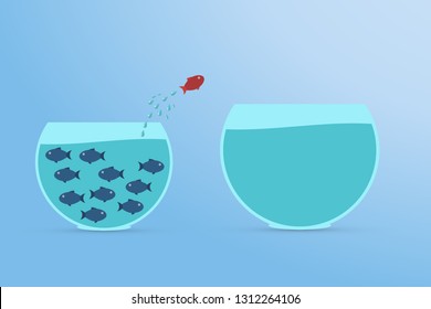 Dream big. Dare to be different.Think differently concept illustration, fish jumping outside the aquarium into biger one. New idea, change, trend, courage, creative solution, innovation and unique way