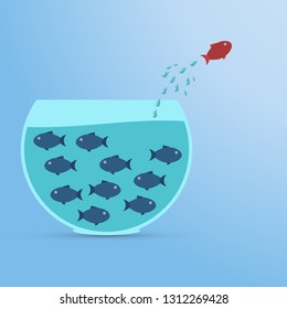Dream big. Dare to be different.Think differently concept illustration, fish jumping outside the aquarium. New idea, change, trend, courage, creative solution, innovation and unique way