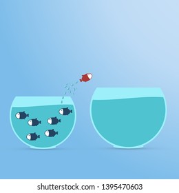 Dream big. Dare to be different.Think differently concept illustration, fish jumping outside the aquarium into biger one. New idea, change, trend, courage, creative solution, innovation and unique way