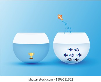 Dream Big. Dare To Be Different.Think Differently Concept Illustration, Fish Jumping Outside The Aquarium Into Bigger One. New Idea, Change, Trend, Courage, Creative Solution, Innovation And Unique.