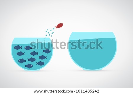 Dream big. Dare to be different.Think differently concept illustration, fish jumping outside the aquarium into biger one. New idea, change, trend, courage, creative solution, innovation and unique way