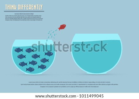 Dream big. Dare to be different.Think differently concept illustration, fish jumping outside the aquarium into biger one. New idea, change, trend, courage, creative solution, innovation and unique way