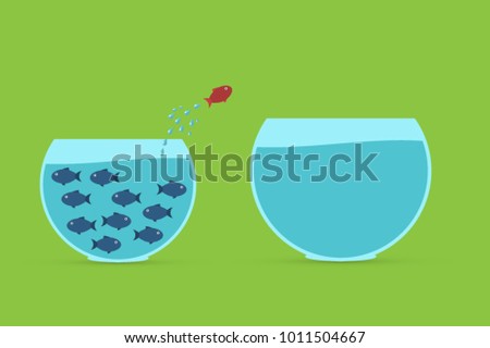 Dream big. Dare to be different.Think differently concept illustration, fish jumping outside the aquarium into biger one. New idea, change, trend, courage, creative solution, innovation and unique way