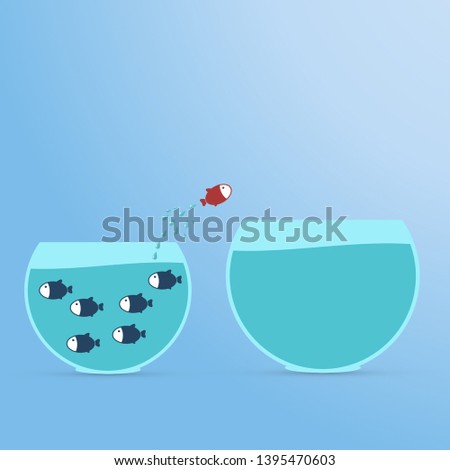 Dream big. Dare to be different.Think differently concept illustration, fish jumping outside the aquarium into biger one. New idea, change, trend, courage, creative solution, innovation and unique way