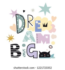 Dream big doodle lettering vector illustration card