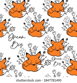 Dream big fox seamless pattern for nursery. Doodle cartoon vector illustration.