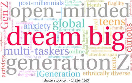 Dream Big Generation Z Word Cloud on a white background. 