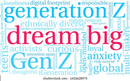 Dream Big Generation Z Word Cloud on a white background. 