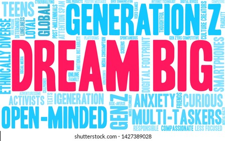 Dream Big Generation Z Word Cloud on a white background. 