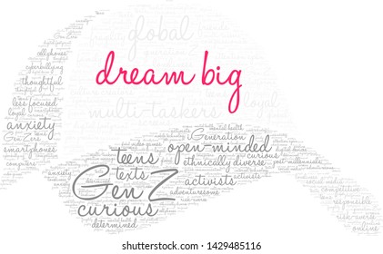 Dream Big Generation Z Word Cloud on a white background. 