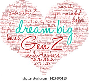 Dream Big Generation Z Word Cloud on a white background. 