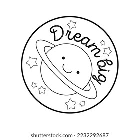 Dream big icon. Motivational quote. Hippie era, 80s and 90s. Poster or banner for website. Company logotype and branding. planet and stars. Aesthetics and elegance. Cartoon flat vector illustration