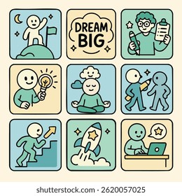 Dream big illustrations showcase creativity, motivation, and personal growth through various