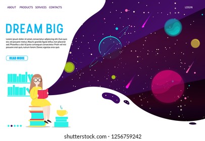 Dream big landing page website template. Vector illustration of cute girl reading book about universe, space and planets while sitting on pile of books. Imagination concept.