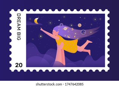 Dream Big. A little girl has colorful fantasy planets inside her long hair. Illustration concept of science stamp. 