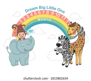 Dream big little one - baby milestone blanket template with african animals vector illustrations
