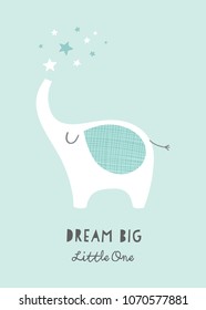 Dream Big Little One  nursery poster with cute lephant and stars. Printable art for kids. Baby illustration in mint and white. Graphic scandinavian style.