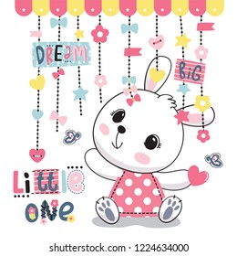 Dream big little one slogan with cute baby rabbit cartoon isolated on white background illustration vector.