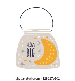 Dream Big with moon and stars in jar design concept. Childish print for nursery, kids apparel,poster, postcard. Vector Illustration - Vector
