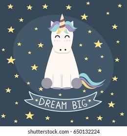 Dream Big poster, greeting card with cute unicorn. Vector illustration