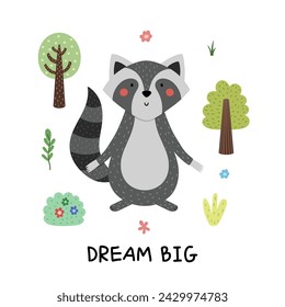 Sueño de gran impresión con un mapache lindo en estilo de dibujos animados. Tarjeta de carácter de bosque para niños. Fondo animal de bosque. Ilustración de vector