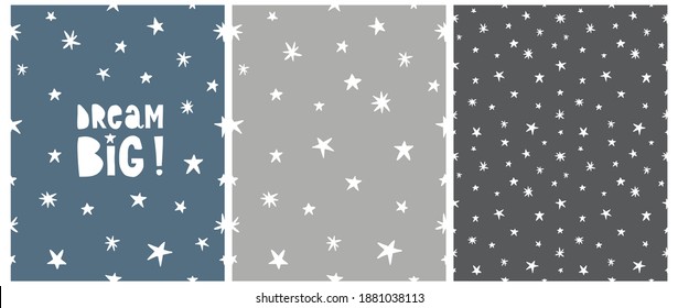 Dream Big. Seamless Hand Drawn Vector Patterns and Illustration. White Irregular Stars Isolated on a Dark Blue and Gray Background. Cute Abstract Doodle Print ideal for Fabric, Wall Art, Card. 