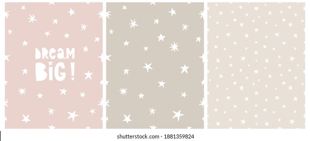Dream Big. Seamless Hand Drawn Vector Patterns and Illustration. White Irregular Stars Isolated on a Light Pink and Beige Background. Cute Abstract Doodle Print ideal for Fabric, Wall Art, Card. 