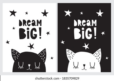 Dream Big. Simple Vector Illustration with Cute Dreamy Black Cat and Night Starry Sky. Lovely Nursery Art with Hand Drawn Kitty and Twinkle Stars Isolated on a White Background.Infantile Style Print.