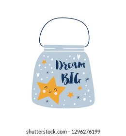 Dream Big with stars in jar design concept. Childish print for nursery, kids apparel,poster, postcard. Vector Illustration - Vector
