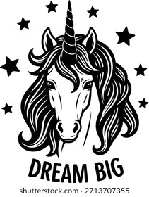 Traum große Typografie mit Einhorn Kopf für Fantasy-Logo, magische Fee Tierabzeichen, mythische Kreatur Emblem und einzeln auf transparente Kinder grafische Illustration