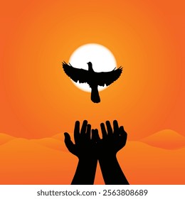 Dream Birds Flying Away, the bird flying out of a bird an open hands. Symbolizing freedom, hope, and the pursuit of dreams. Bird set free vector illustration.