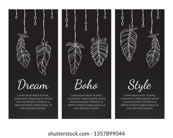 Dream Boho Style Vintage Chalkboard Banners Set with Feathers. Native American Indian Spiritual Symbols. Vector Illustration.