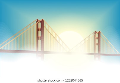 Dream bridge with white cloudy and sunset blue sky background,wonder land nature concept,vector art and illustration.fantasy design building palace.