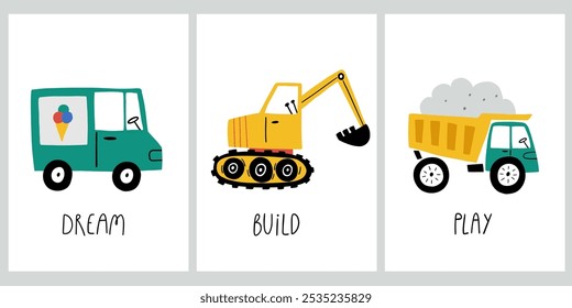 Juego de Dream Build. Carteles lindos del bebé del muchacho de la historieta con coches. Camión, excavadora, excavadora en estilo de dibujos animados. Conjunto de Vector con coches lindos para la tela, la materia textil, la postal, la ropa o el diseño de la habitación de los niños.