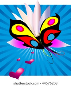 Dream of the butterfly on a dark blue background with hearts