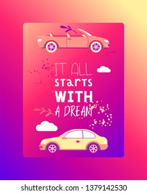 Dream car vector dreaming automobile vehicle transportation design backdrop illustration of luxury auto transport purchase wallpaper background.