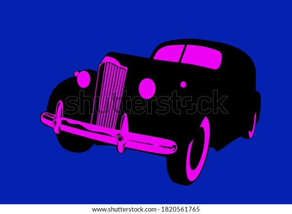 Dream car. Vintage\
luxury car in the lights of the night city. Vector image for logo\
or illustrations.