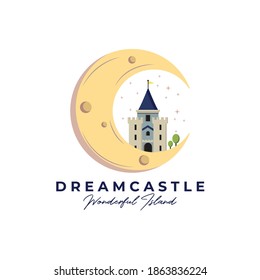 Dream Castle line art logo vector illustration design, castle on the moon logo