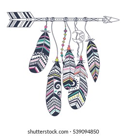 Dream catcher with arrow and feathers. Native American Indian talisman. Vector hand drawn hipster illustration isolated on white background. Boho design, tattoo art, coloring book for adults.