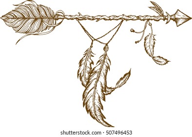 Dream catcher and arrow with feathers. Vector hand drawn illustration