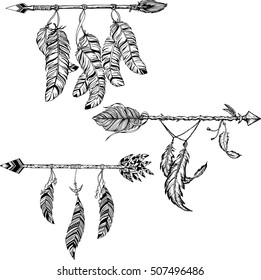 Dream catcher and arrow with feathers. Vector hand drawn illustration