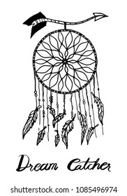 Dream Catcher with Arrows and Feathers Hand Drawn Style Vector, Native American Poster, Ethnic Isolated Design.